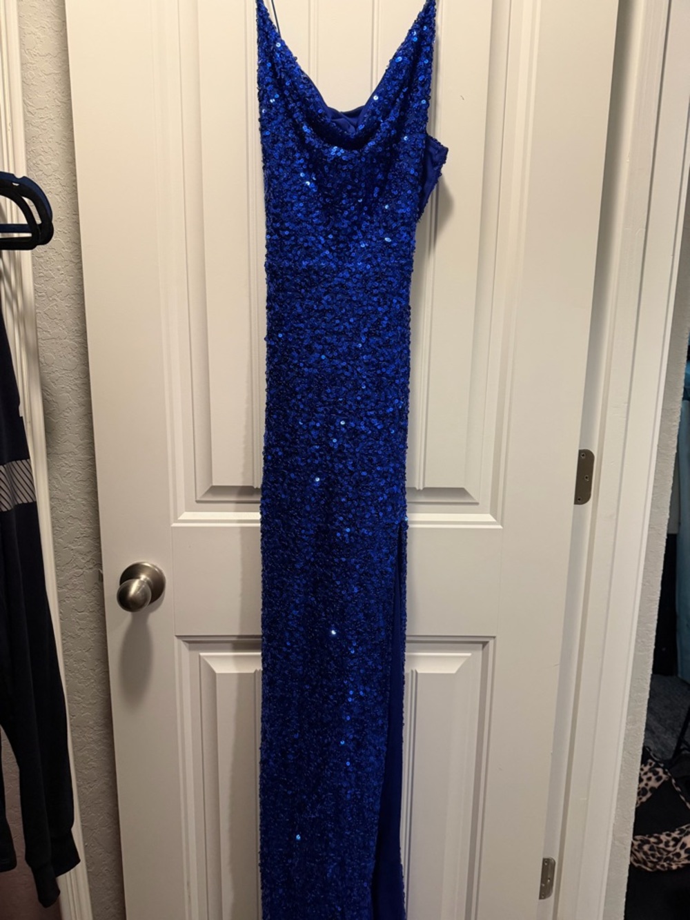 Royal Blue Sequin Cowl Neck Gown
